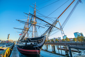 USS Constitution is a three masted wooden hulled heavy frigate of the United States Navy docked at...