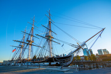 USS Constitution is a three masted wooden hulled heavy frigate of the United States Navy docked at...