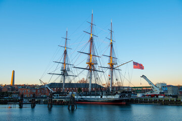 USS Constitution is a three masted wooden hulled heavy frigate of the United States Navy docked at...