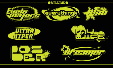 Vector Graphic Assets Set. Bold modern Shapes for Posters Template, flyers, clothes, social media, graphic design, sticker, In Y2k style, Futuristic, Anti-design, Digital Collage, Retro Futurist.