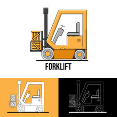 Yellow forklift truck isolated on white background. Forklift unloads the pallets with boxes. Delivery, logistic and shipping cargo
