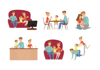 Parents with Their Children Spending Good Time Together Playing Computer Game, Eating, Sitting in Armchair and Cooking Vector Set