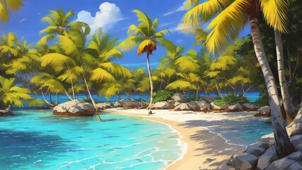 Naklejka na ściany i meble Lush, tropical island paradise with crystal-clear waters and palm trees