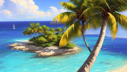 Poster Lush, tropical island paradise with crystal-clear waters and palm trees © Haze