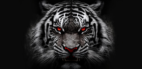 Front view of Tiger with red eyes isolated on black background. Black and white portrait of tiger. Predator series. digital art	