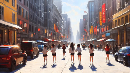 Obraz premium Vibrant, bustling city street with shops, cafes, and people