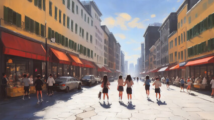 Obraz premium Vibrant, bustling city street with shops, cafes, and people