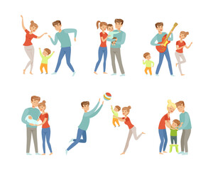 Parents with Their Children Spending Good Time Together Dancing, Embracing, Playing Guitar and Ball Vector Set