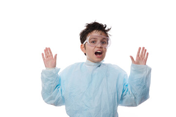 Caucasian elementary school student, teenager, nerd boy in lab coat and goggles - young chemist...