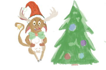 christmas reindeer and snow tree
