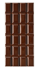 Bitter black chocolate bar isolated on white background, close-up, top view, macro.