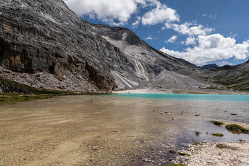 Beautiful Scenic of Milk Lake, Yading Natural Reserve, Daocheng with mountains reflecting through water surface, Sichuan, China