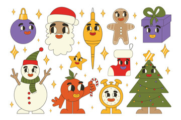 Groovy Christmas stickers. Santa Claus, Christmas tree, gifts, gingerbread in trendy retro cartoon style. Cartoon characters and elements.