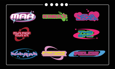 Vector sticker Awesome text inspired by popular Y2k Aesthetic, 90s, 2000s. Posters Template, flyers, Logo Badge, clothes, social media, graphic design, Futuristic, Retro Futurist
