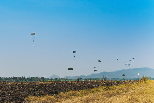 Army cadet paratroopers in military uniform landing on field. Skydiver paratrooper in parachute dome lands in the set area to land situated in the field among the soil. Military parachuting training.