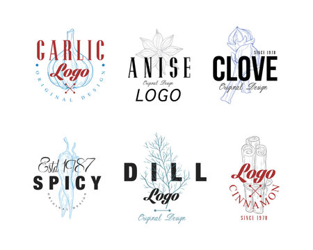 Hand Drawn Spice and Condiment Logo or Emblem Design for Culinary Vector Set