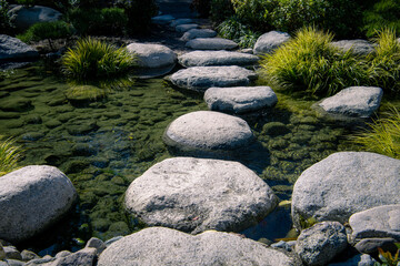 Tranquil scene of stepping stones crossing clear water in a zen meditation garden - Powered by Adobe