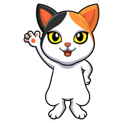 Cute japanese bobtail cat cartoon waving hand