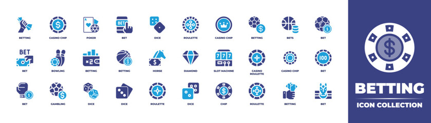 betting icon collection.  Duotone color. Vector illustration. Containing a betting icon, casino chip icon, poker icon, bet icon, dice icon, roulette icon, casino chip icon, betting icon, and other