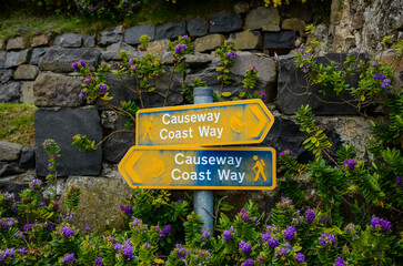 Trail signs along Northern Ireland's Causeway Coast Way hiking trail