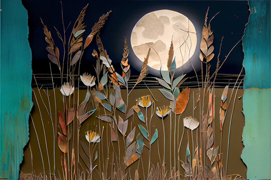 Full Moon Shining Through Tall Grass Layered Landscape