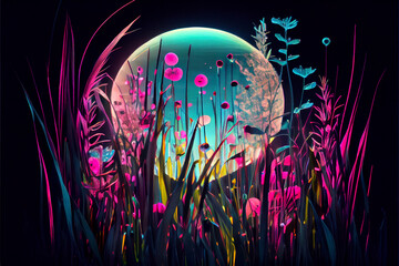 Full Moon Shining Through The Tall Grass - AI Art