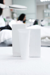 Cosmetic skin care products of new female bodycare line for beauty and wellbeing. White mockup...