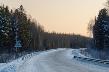 Winter road in the early January morning. Western Siberia. Russia.