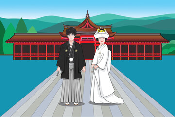 Fototapeta premium Japanese bride and groom dress in formal wedding Kimono and Hakama background with shinto shrine drawing in cartoon vector