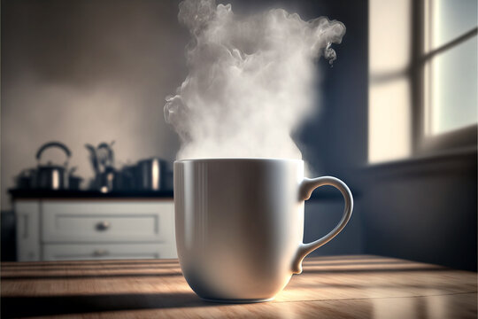 Coffee mug with steam in kitchen