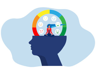 Intellection concept ,Businesswoman meditating on head with  the mood scale,Emotion overload, burnout and fatigue from work. Stress level meter gauge emotion stages.concept vector illustrator