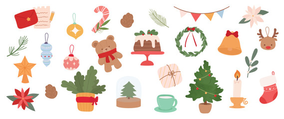 Set of winter vibrant christmas element vector illustration. Collection of christmas tree, bauble ball, letter, cake, plant, teddy bear, bell. Design for sticker, card, poster, invitation, greeting.
