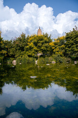 Ancient buildings and beautiful lakes in Santa Park, Dali City, Yunnan Province, China. 