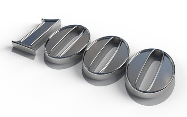 Isolated Number 1000 in Silver Metallic Color on White Background. 3D Render Illustration.