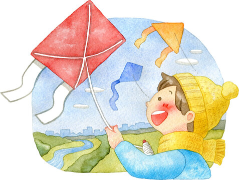 河川敷で凧あげをする子どものイラスト(背景付き)