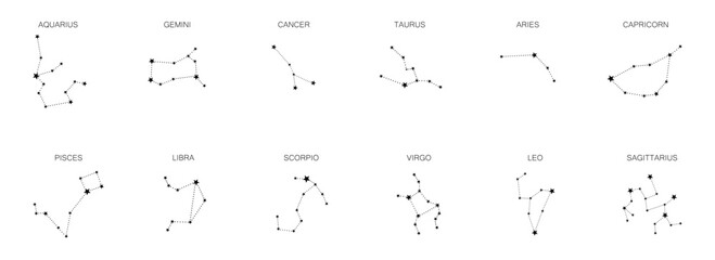 Set of 12 zodiac signs isolated on white background. Constellation of Aries, Taurus, Leo, Gemini, Virgo, Scorpio, Libra, Aquarius, Sagittarius, Pisces, Capricorn, Cancer. - obrazy, fototapety, plakaty