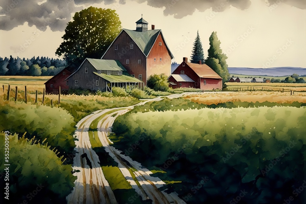 Wall mural Landscape Illustration of farm and barn