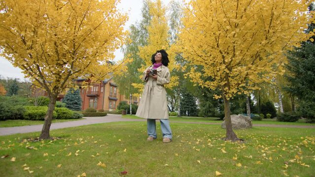 Beautiful woman holding retro-styled camera while strolling in the park. Picturesque landscape with colorful, autumn foliage and lush, green lawns. High quality 4k footage