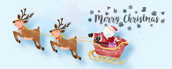Santa Claus Christmas cartoon character riding in his sleigh pulled by a reindeer in watercolors style on blue paper pattern background.