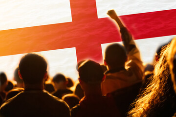 Defocus england football team. England supporters on stadium. England flag and football fans celebrating victory. Protest in Great Britain. Out of focus