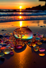 Beautiful seascape with crystal transparent stone at the beach, sunset, closeup, wallpaper, background