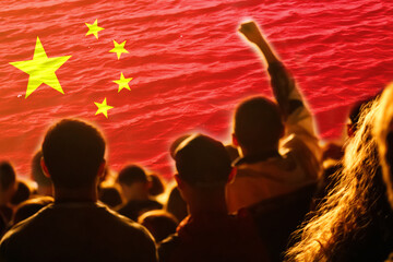 Naklejka premium Protests China. Chinese real estate and debt crisis. Zero covid and lockdown protest in China. Crowd. Revolution demonstration. Communism. Kill protesters. Red flag people. Economy. World crisis