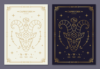 Capricorn zodiac horoscope golden signs on dark navy and white cards set. Stylized Goat symbols of esoteric, zodiacal astrological calendar, horoscope constellation n thin line vector illustration © Sunflower
