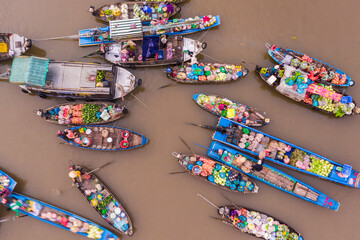 Aerial view from above Phong Dien floating market on Tet holiday full of fruit and agricultural products