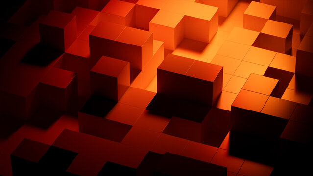Precisely Aligned Glossy Blocks. Red and Orange, Modern Tech Background. 3D Render.