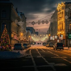 Streets lit up for the winter holiday festival. 