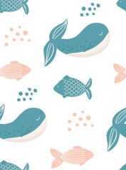 Cute kids nautical underwater pattern. Blue whale and pink fish. Nursery animals background for baby shower, fabric or scrapbook