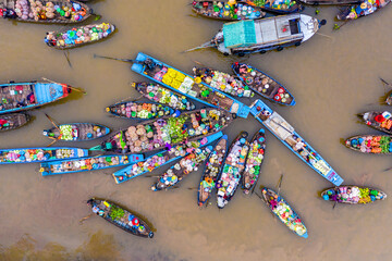 Aerial view from above Phong Dien floating market on Tet holiday full of fruit and agricultural products