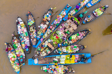 Aerial view from above Phong Dien floating market on Tet holiday full of fruit and agricultural...