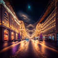 Obraz premium Streets lit up for the winter holiday festival. 